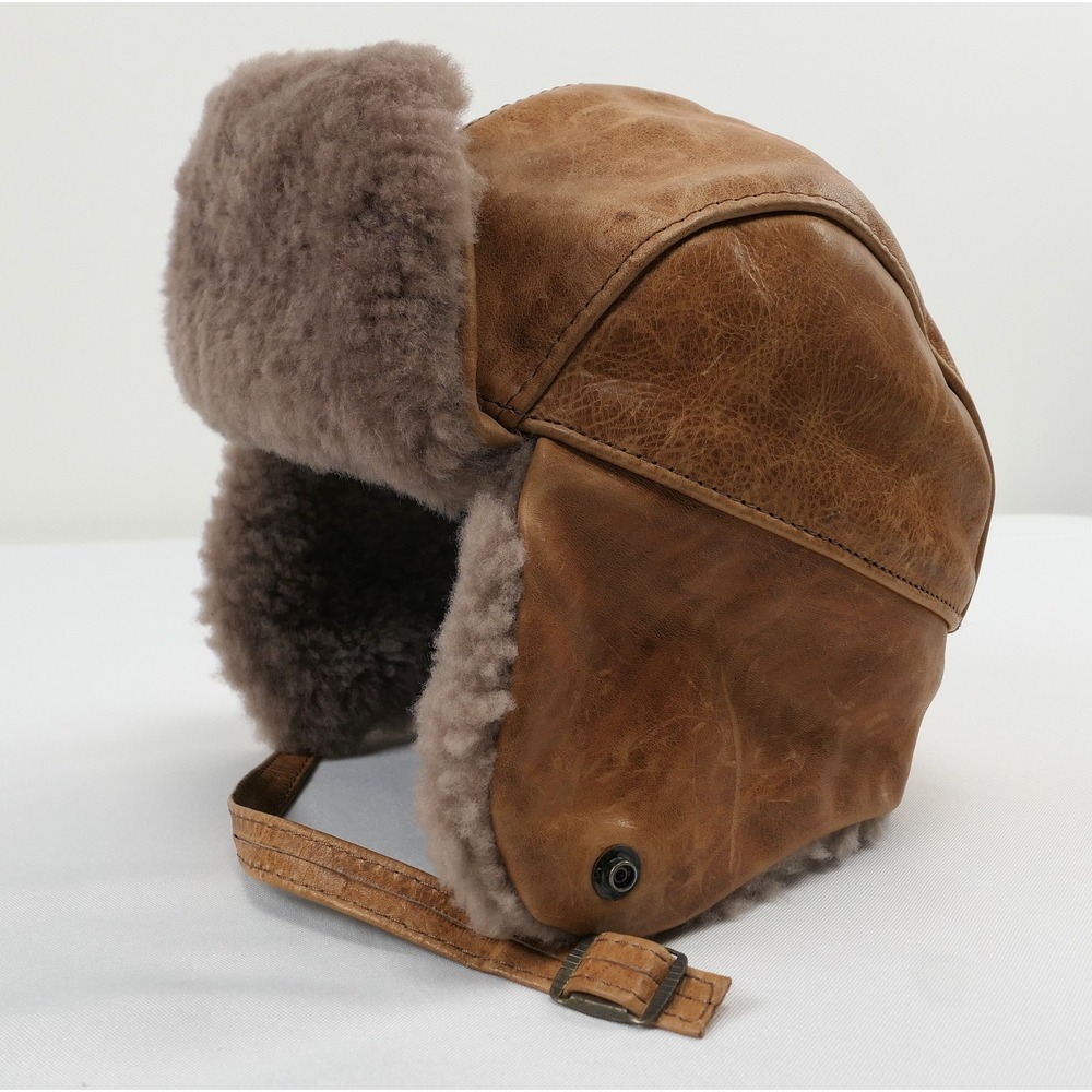 VTG Distressed Brown Leather Shearling Aviator Trapper Hat USA Made Mens L
